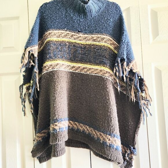 Free People Multicolor Knit Western Boho Poncho Sweater Fringe Size XS - Picture 1 of 5